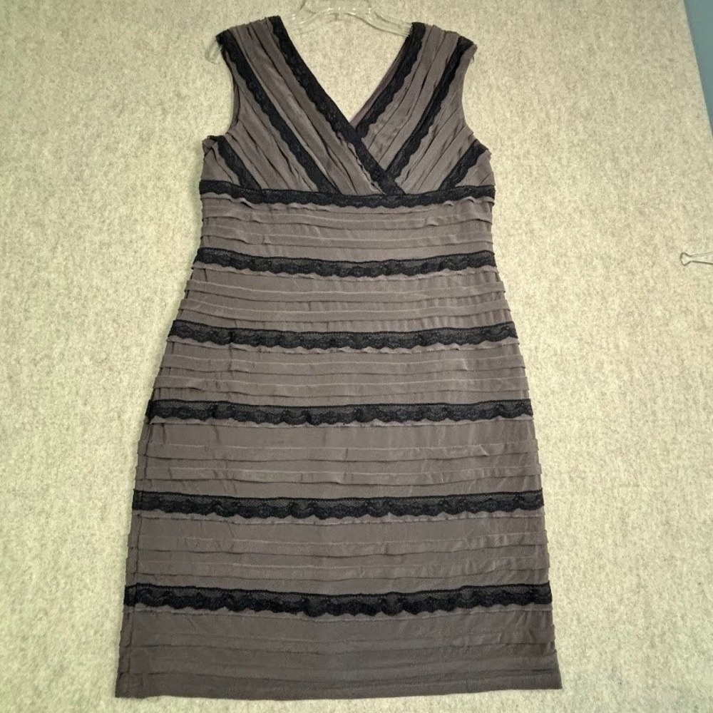 Adrianna Papell Dress Womens 14‎ Grey Polyester Lace Trim Tiered Sheath Cocktail